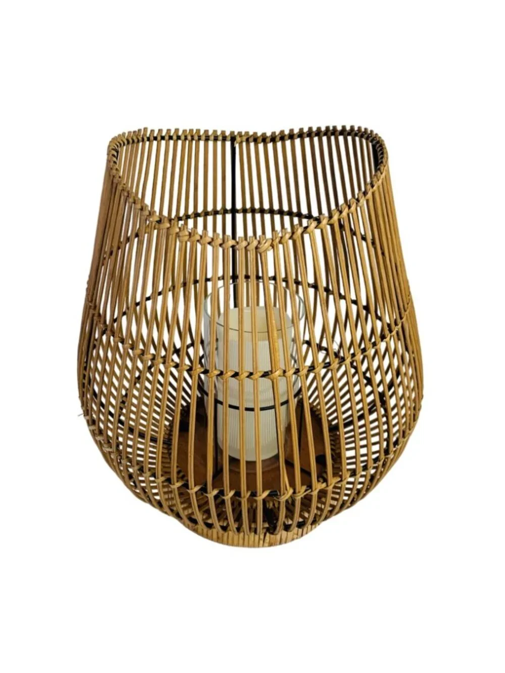 Vintage Bamboo Lantern Woven Candle Holder Glass Hurricane Coastal Table Decor